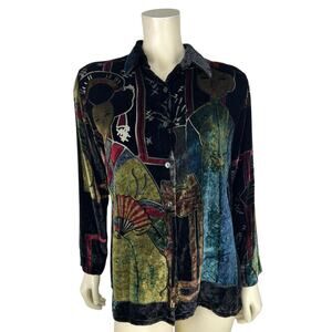 Chicos Vintage Asian Print Velvet Top Size 1 Long Sleeve Geisha Art to Wear